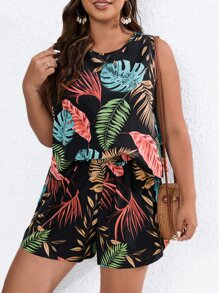 SHEIN LUNE Plus Tropical Print Tank Top & Shorts - Multicolor - View 5