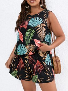 SHEIN LUNE Plus Tropical Print Tank Top & Shorts - Multicolor - View 6