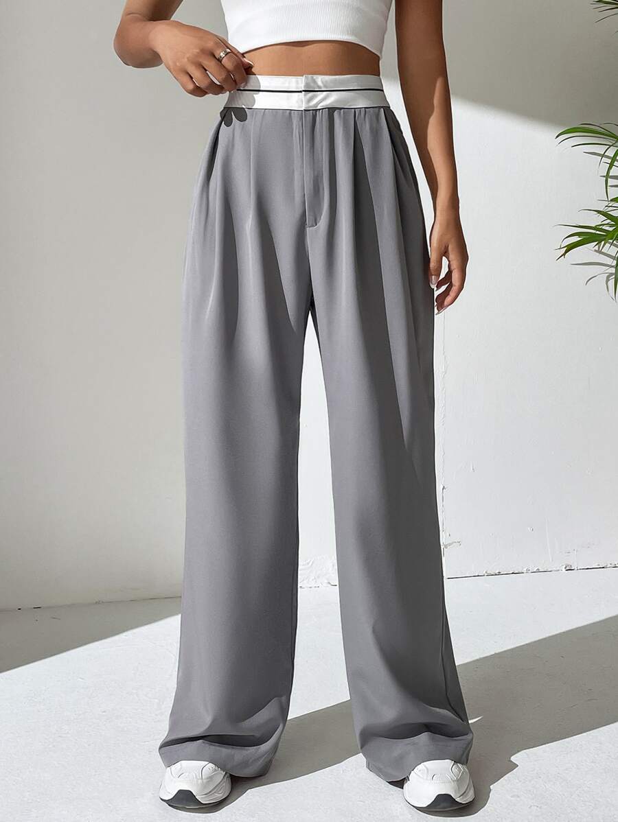 SHEIN EZwear 高腰褶皺細節闊腿褲 - 淺灰色 - 查看 1