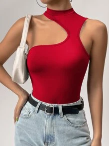 SHEIN Privé 素色不對稱領連體衣 - 紅色 - 查看 1