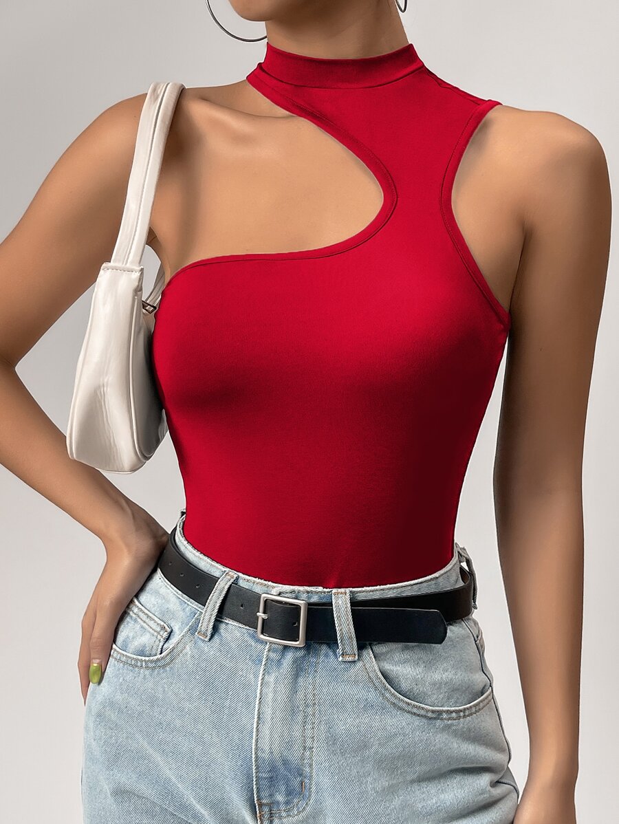 SHEIN Privé 素色不對稱領連體衣 - 紅色 - 查看 1