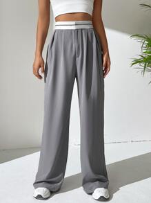 SHEIN EZwear 高腰褶皺細節闊腿褲 - 淺灰色 - 查看 3