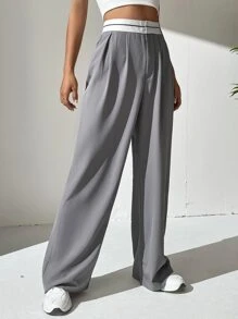 SHEIN EZwear 高腰褶皺細節闊腿褲 - 淺灰色 - 查看 4