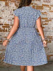 SHEIN Clasi 大碼碎花繫帶領百褶下擺連衣裙 - 藍白色 - 查看 2