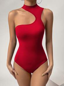 SHEIN Privé 素色不對稱領連體衣 - 紅色 - 查看 3
