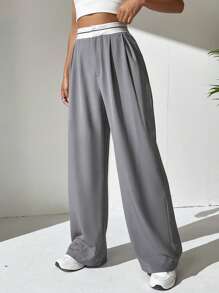 SHEIN EZwear 高腰褶皺細節闊腿褲 - 淺灰色 - 查看 5