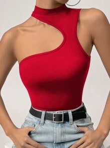 SHEIN Privé 素色不對稱領連體衣 - 紅色 - 查看 4