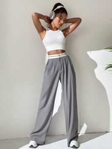 SHEIN EZwear 高腰褶皺細節闊腿褲 - 淺灰色 - 查看 6