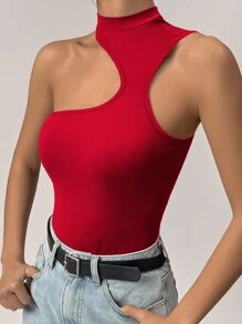 SHEIN Privé 素色不對稱領連體衣 - 紅色 - 查看 6