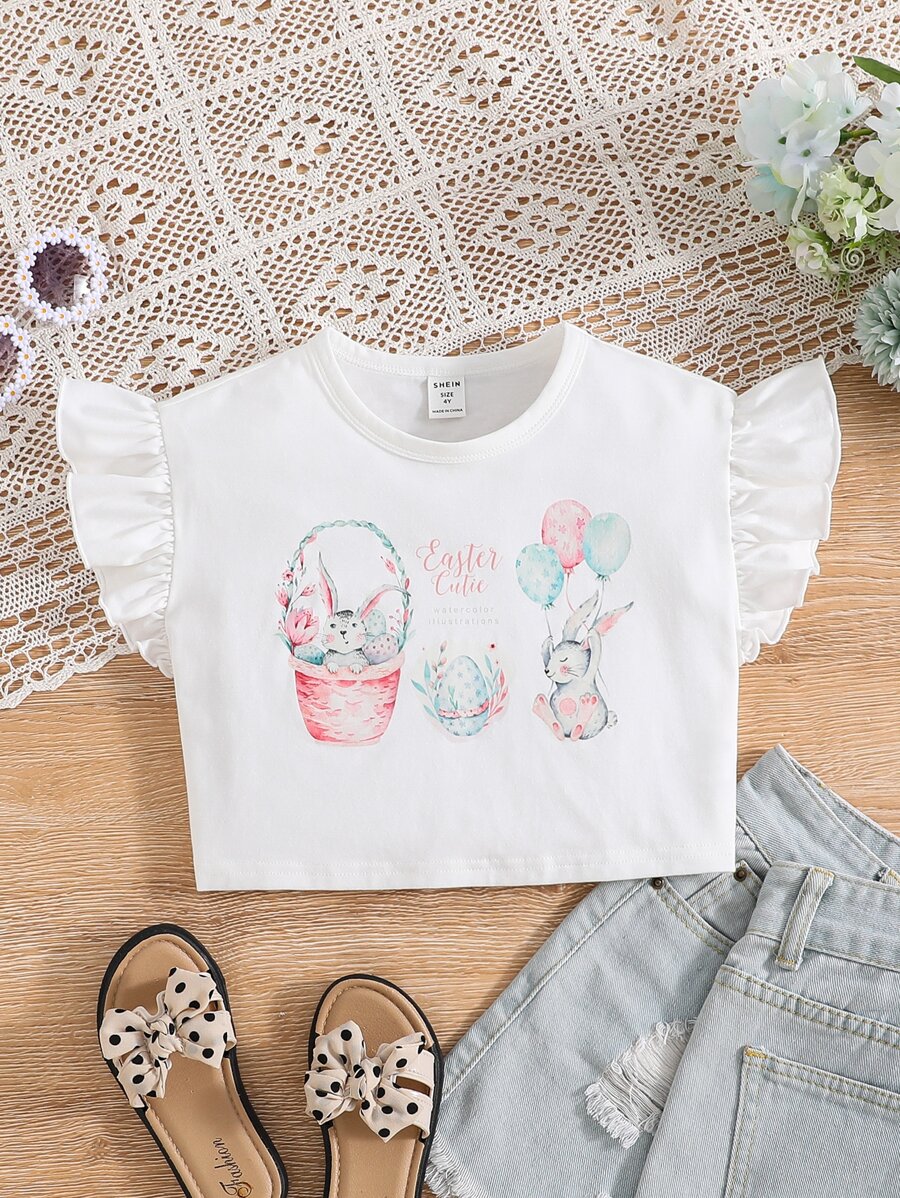 SHEIN 小女童卡通和字母圖案荷葉邊T恤 - 白色 - 查看 1