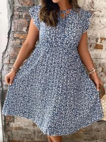 SHEIN Clasi 大碼碎花繫帶領百褶下擺連衣裙 - 藍白色 - 查看 6