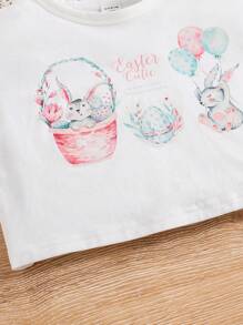 SHEIN 小女童卡通和字母圖案荷葉邊T恤 - 白色 - 查看 3