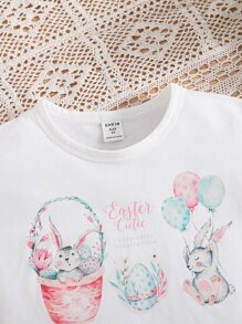 SHEIN 小女童卡通和字母圖案荷葉邊T恤 - 白色 - 查看 4