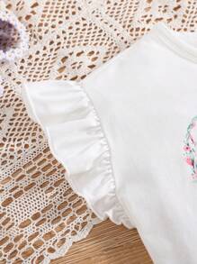 SHEIN 小女童卡通和字母圖案荷葉邊T恤 - 白色 - 查看 5