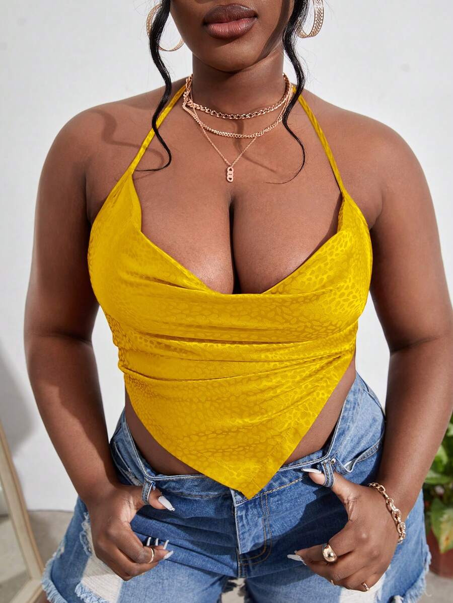 Slaydiva Plus Draped Bandana Hem Tie Backless Halter Top - Yellow - View 1
