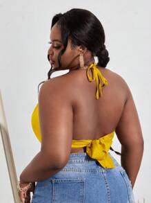 Slaydiva Plus Draped Bandana Hem Tie Backless Halter Top - Yellow - View 2
