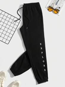 Manfinity Men Letter Graphic Drawstring Waist Trousers - Black - View 2