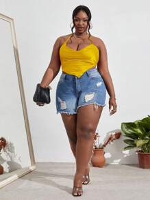 Slaydiva Plus Draped Bandana Hem Tie Backless Halter Top - Yellow - View 5