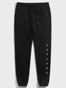 Manfinity Men Letter Graphic Drawstring Waist Trousers - Black - View 5