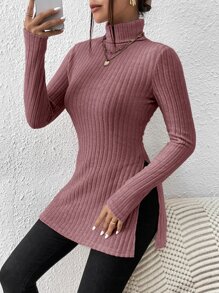 SHEIN Privé 高領下擺開叉T恤 - 紅木色 - 查看 1