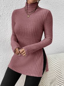 SHEIN Privé 高領下擺開叉T恤 - 紅木色 - 查看 3