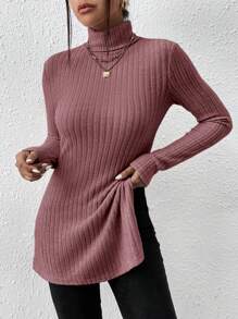 SHEIN Privé 高領下擺開叉T恤 - 紅木色 - 查看 5