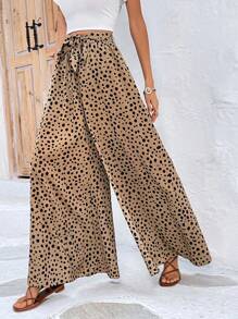 SHEIN Frenchy 斑點印花腰帶闊腿褲 - 卡其色 - 查看 1