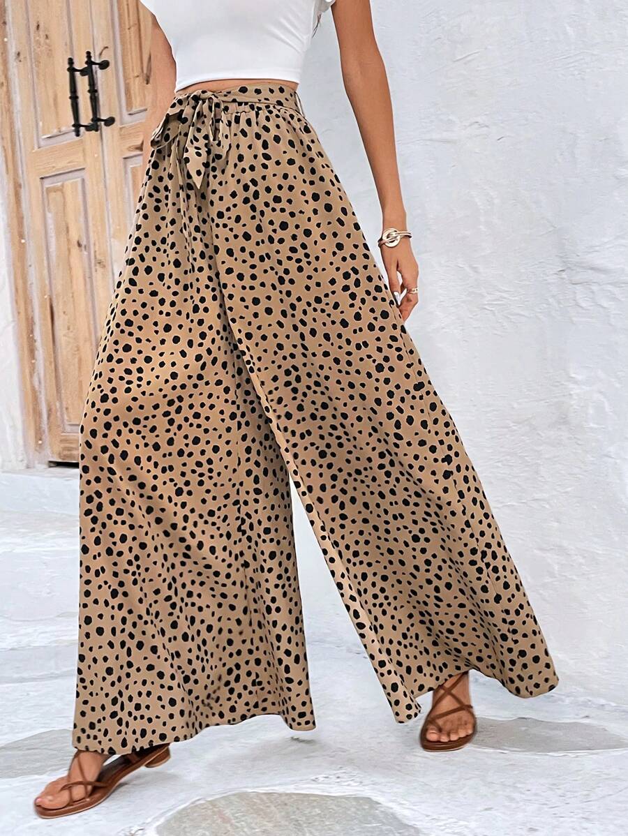 SHEIN Frenchy 斑點印花腰帶闊腿褲 - 卡其色 - 查看 1