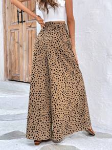 SHEIN Frenchy 斑點印花腰帶闊腿褲 - 卡其色 - 查看 2