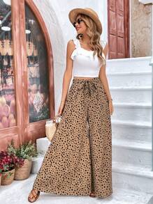 SHEIN Frenchy 斑點印花腰帶闊腿褲 - 卡其色 - 查看 3