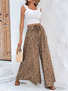 SHEIN Frenchy 斑點印花腰帶闊腿褲 - 卡其色 - 查看 4