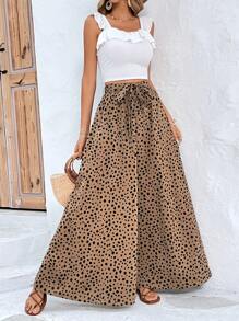 SHEIN Frenchy 斑點印花腰帶闊腿褲 - 卡其色 - 查看 5