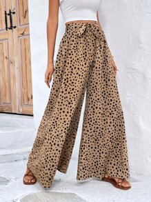 SHEIN Frenchy 斑點印花腰帶闊腿褲 - 卡其色 - 查看 6