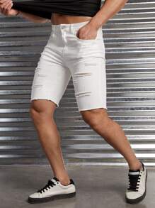 GENTILAND Men Cotton Ripped Frayed Raw Hem Denim Shorts - White - View 1