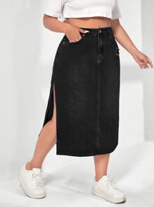 SHEIN EZwear Plus Slant Pocket Split Thigh Denim Skirt - Black - View 1