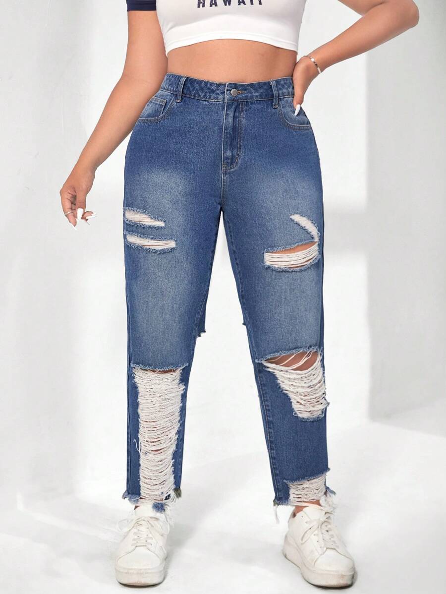 SHEIN Plus Ripped Raw Hem Mom Fit Jeans - Medium Wash - View 1