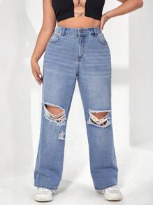 SHEIN ICON Plus Ripped Straight Leg Jeans - Light Wash - View 1