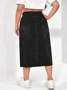 SHEIN EZwear Plus Slant Pocket Split Thigh Denim Skirt - Black - View 2