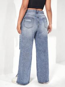 SHEIN EZwear Plus Ripped Split Hem Wide Leg Jeans - Light Wash - View 2