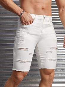 GENTILAND Men Cotton Ripped Frayed Raw Hem Denim Shorts - White - View 3