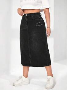 SHEIN EZwear Plus Slant Pocket Split Thigh Denim Skirt - Black - View 3