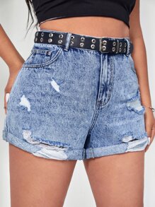 SHEIN ICON Plus Ripped Roll Up Hem Denim Shorts Without Belt - Light Wash - View 1
