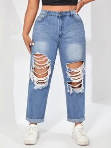 SHEIN Jeans ajustados mom desgarro con cremallera - Lavado ligero - Ver 1
