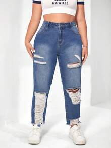 SHEIN Plus Ripped Raw Hem Mom Fit Jeans - Medium Wash - View 3