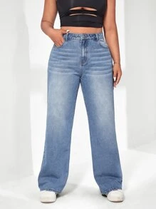 SHEIN ICON Plus Slant Pocket Wide Leg Jeans - Light Wash - View 3