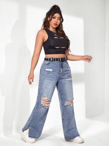SHEIN EZwear Plus Ripped Split Hem Wide Leg Jeans - Light Wash - View 3