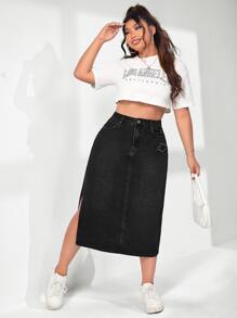 SHEIN EZwear Plus Slant Pocket Split Thigh Denim Skirt - Black - View 4