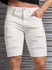 GENTILAND Men Cotton Ripped Frayed Raw Hem Denim Shorts - White - View 4