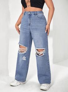 SHEIN ICON Plus Ripped Straight Leg Jeans - Light Wash - View 3