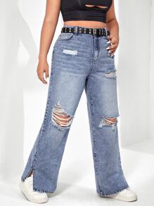SHEIN EZwear Plus Ripped Split Hem Wide Leg Jeans - Light Wash - View 4